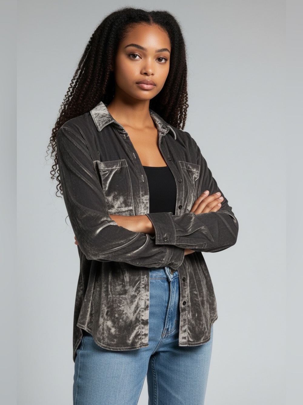Pilcro Charcoal Velvet Button-Front Shirt Jacket